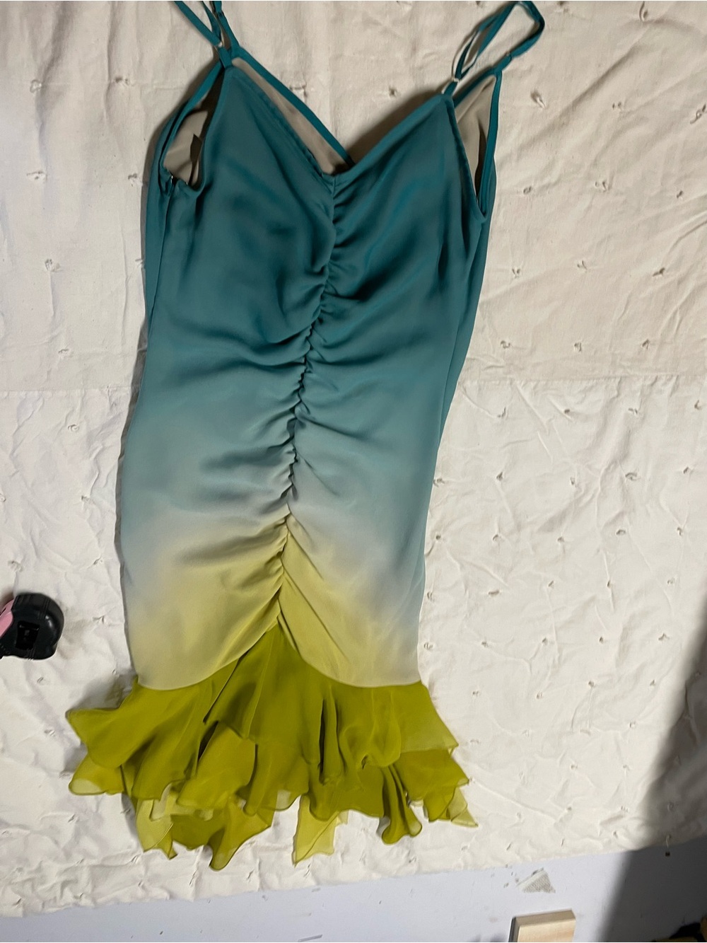 Betsy Johnson Teal to Lime Ombre Ruffle fishtail dress y2k - Picture 8 of 8